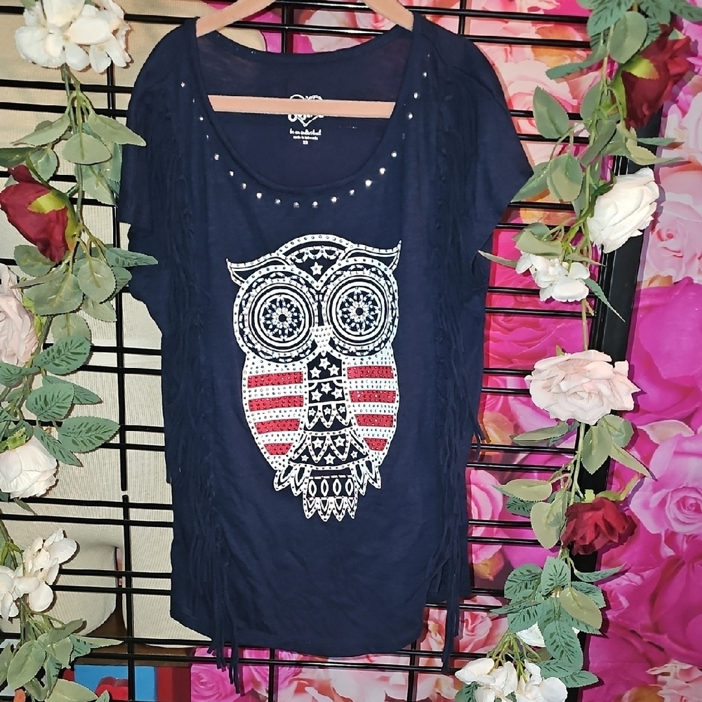 Justice Girls Navy Blue Owl Embellished Patriotic Top Size 12 Like New